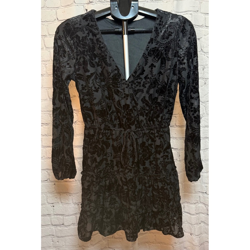 City Studio Black Velvet Floral Mini Dress Long Sleeve V-Neck Small